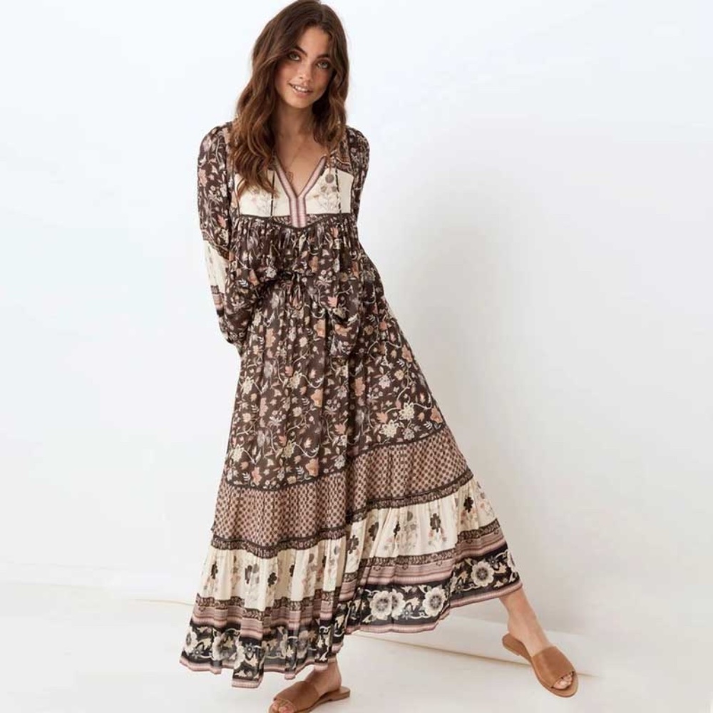 Brown boho gypsy floral print v neck Tassel Top - Picture 8 of 8